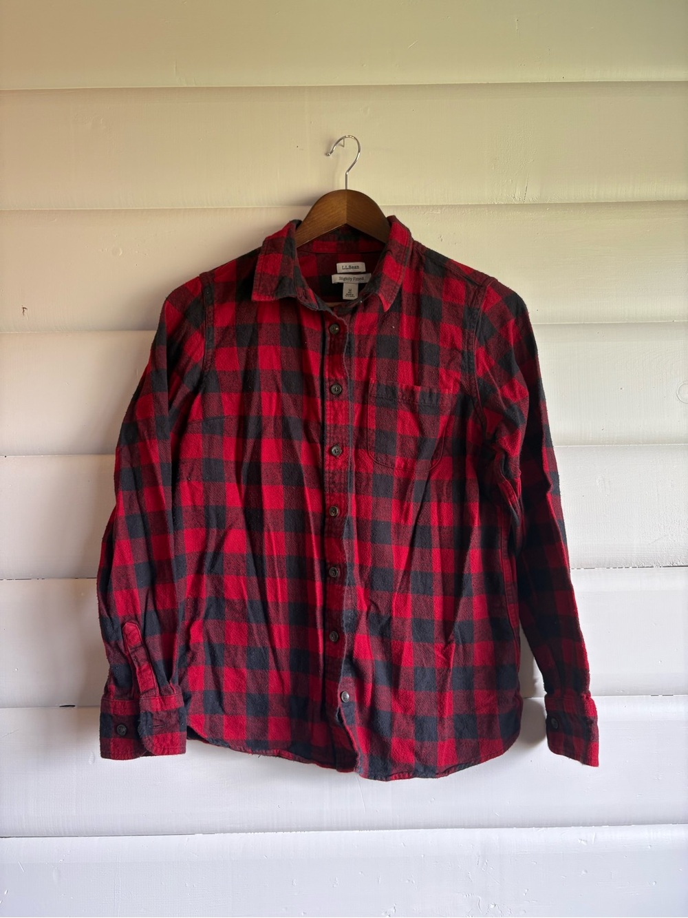 L.L.Bean Buffalo Plaid Flannel Button Up Shirt Red Black Cotton Medium Womens